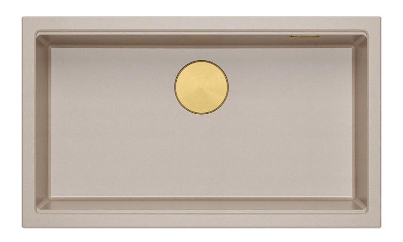Quadri Newport II fregadero grande y profundo de granito para montaje superior e inferior en color beige, fregadero de 76x45cm con tapón dorado 1208971759