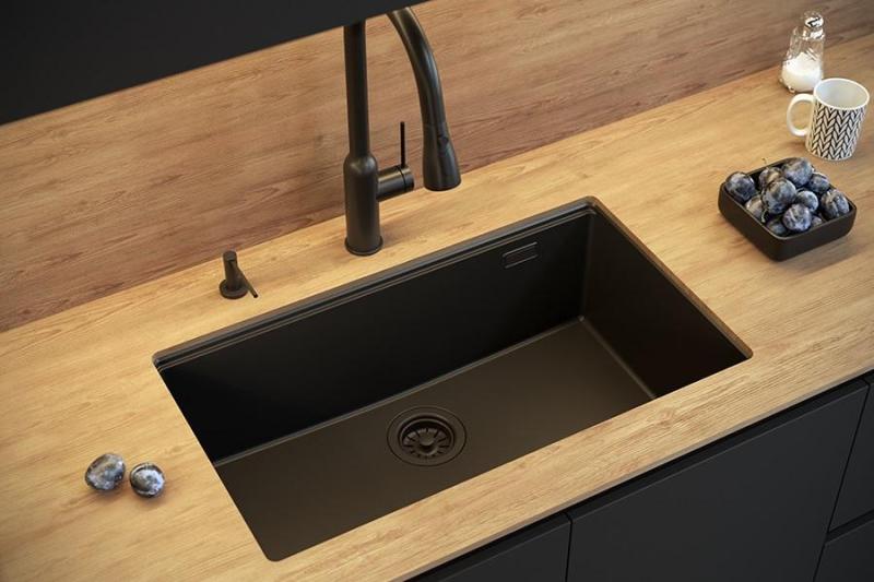 Quadri Newport II fregadero grande y profundo de granito para montaje superior e inferior en color beige, fregadero de 76x45cm con tapón dorado 1208971759