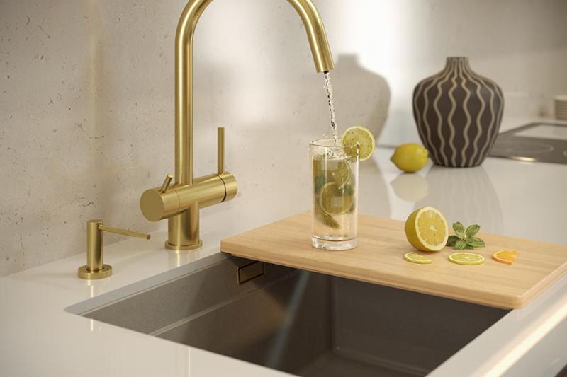 Quadri Newport II encimera de granito beige 560x450 mm con tapón dorado y tapa de desagüe 1208971765