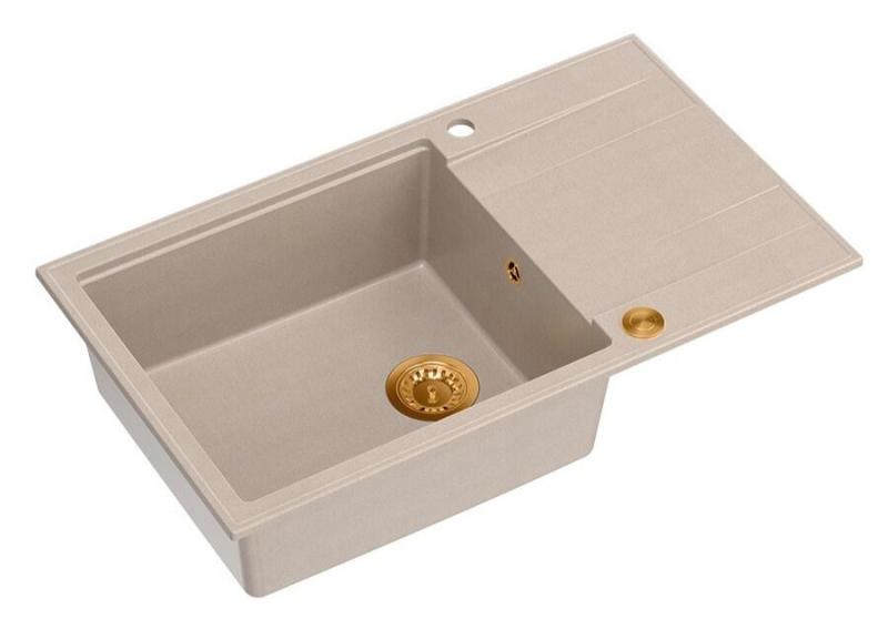 Quadri Luton perla beige granito gran fregadero de montaje con área de drenaje reversible 86x50cm con tapón de cobre 1208971773