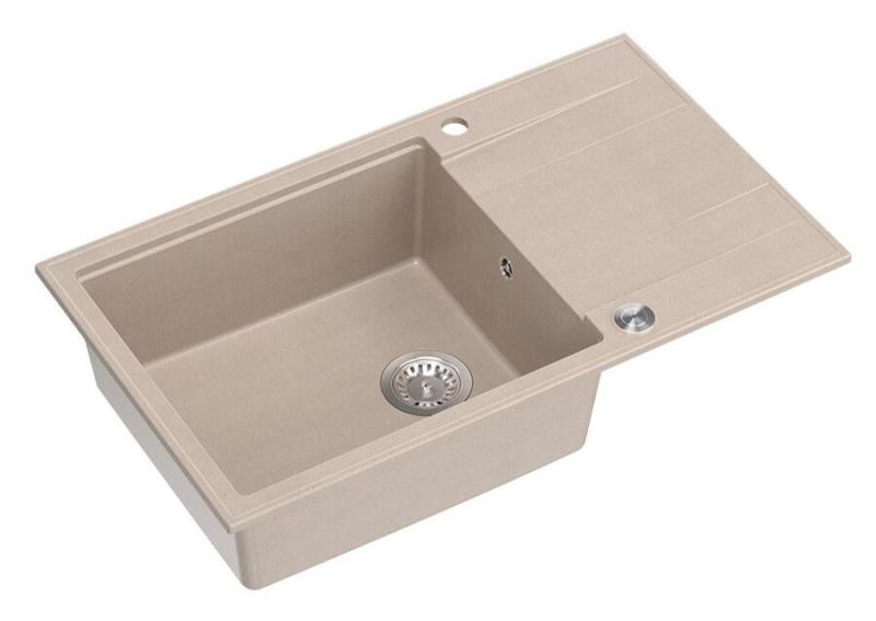 Quadri Luton pearl beige granito gran fregadero empotrado con área de escurrimiento reversible 86x50cm con tapón de acero inoxidable 1208971775