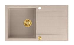 Fregadero empotrado de granito beige Quadri Luton con superficie de drenaje reversible de 86x50cm con tapón dorado 1208971778