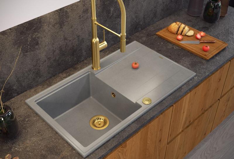 Quadri Luton beige perlado, fregadero de granito empotrado con superficie de drenaje reversible 86x50cm con tapón dorado 1208971778