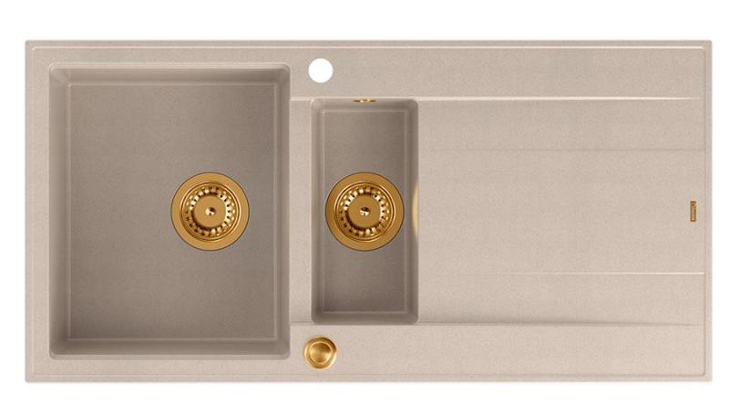 Quadri Luton perla beige granito construcción 1,5 fregadero con área de drenaje reversible 100x50cm con tapón de cobre 1208971792
