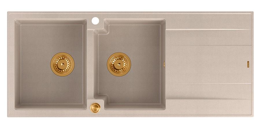 Quadri Luton construcción doble fregadero de granito en color beige perla con área de drenaje 116x50 cm con tapón de cobre 1208971801 - Productafbeelding
