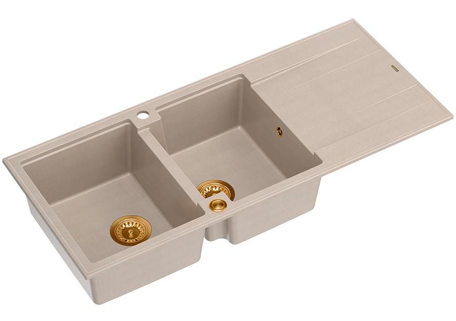 Quadri Luton construcción doble fregadero de granito en color beige perla con área de drenaje 116x50 cm con tapón de cobre 1208971801 - Productafbeelding 2