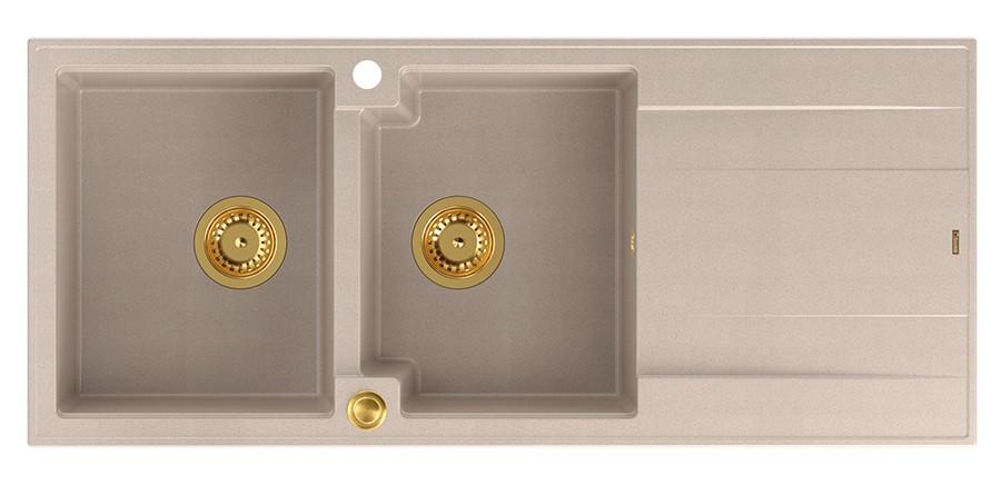 Quadri Luton estructura doble fregadero de granito color beige perla con zona de escurrido 116x50 cm con tapón dorado 1208971809 - Productafbeelding