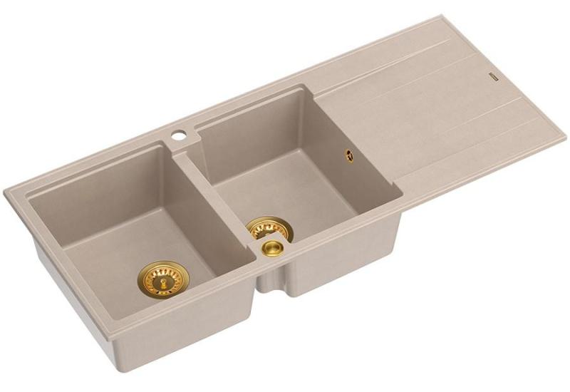 Quadri Luton estructura doble fregadero de granito color beige perla con zona de escurrido 116x50 cm con tapón dorado 1208971809