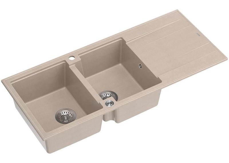 Quadri Luton construcción doble fregadero de granito color beige perla con área de escurrido 116x50 cm con tapón de acero inoxidable 1208971812