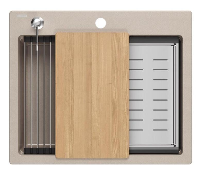 Quadri Durham Pearl Beige granito fregadero de encimera 595x500 con dispensador de jabón, tabla de cortar, recipiente de inserción y alfombrilla enrollable 1208971814.