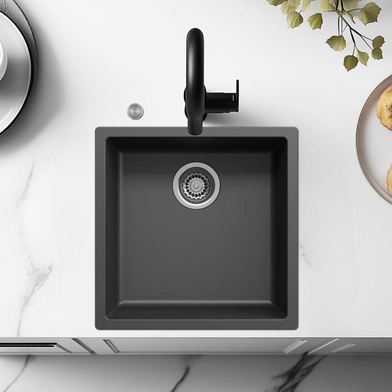 Ausmann Fibre fregadero negro 40x40cm para montaje inferior, superior y empotrado con tapón automático de acero inoxidable 1208971836