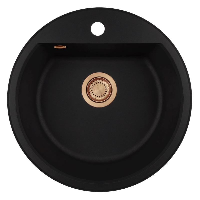 Mi Bremen lavabo redondo de granito de 43 cm negro de montaje superior e inferior con banco de orificio para grifo y tapón de cobre 1208971837