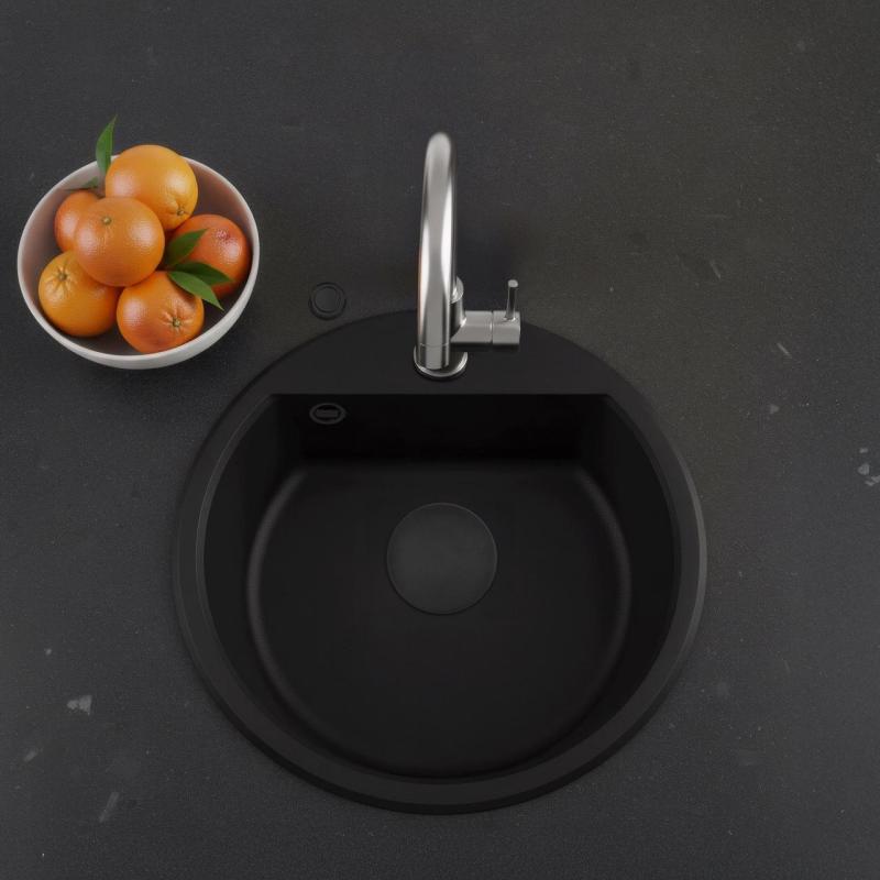 GraniteMy Bremen lavabo redondo de granito de 43 cm negro, de montaje superior e inferior, con orificio para grifo y tapón automático negro 1208971839