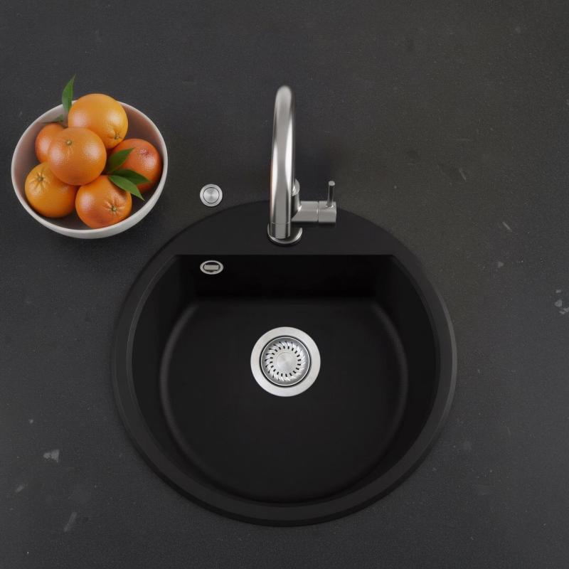 GraniteMy Bremen lavabo redondo de granito de 43 cm negro, montaje superior e inferior, con banco de orificio de grifo y tapón automático de acero inoxidable 1208971840