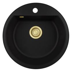 GraniteMy Bremen lavabo redondo de granito de 43 cm negro, montaje superior e inferior, con agujero para grifo y tapón dorado 1208971841