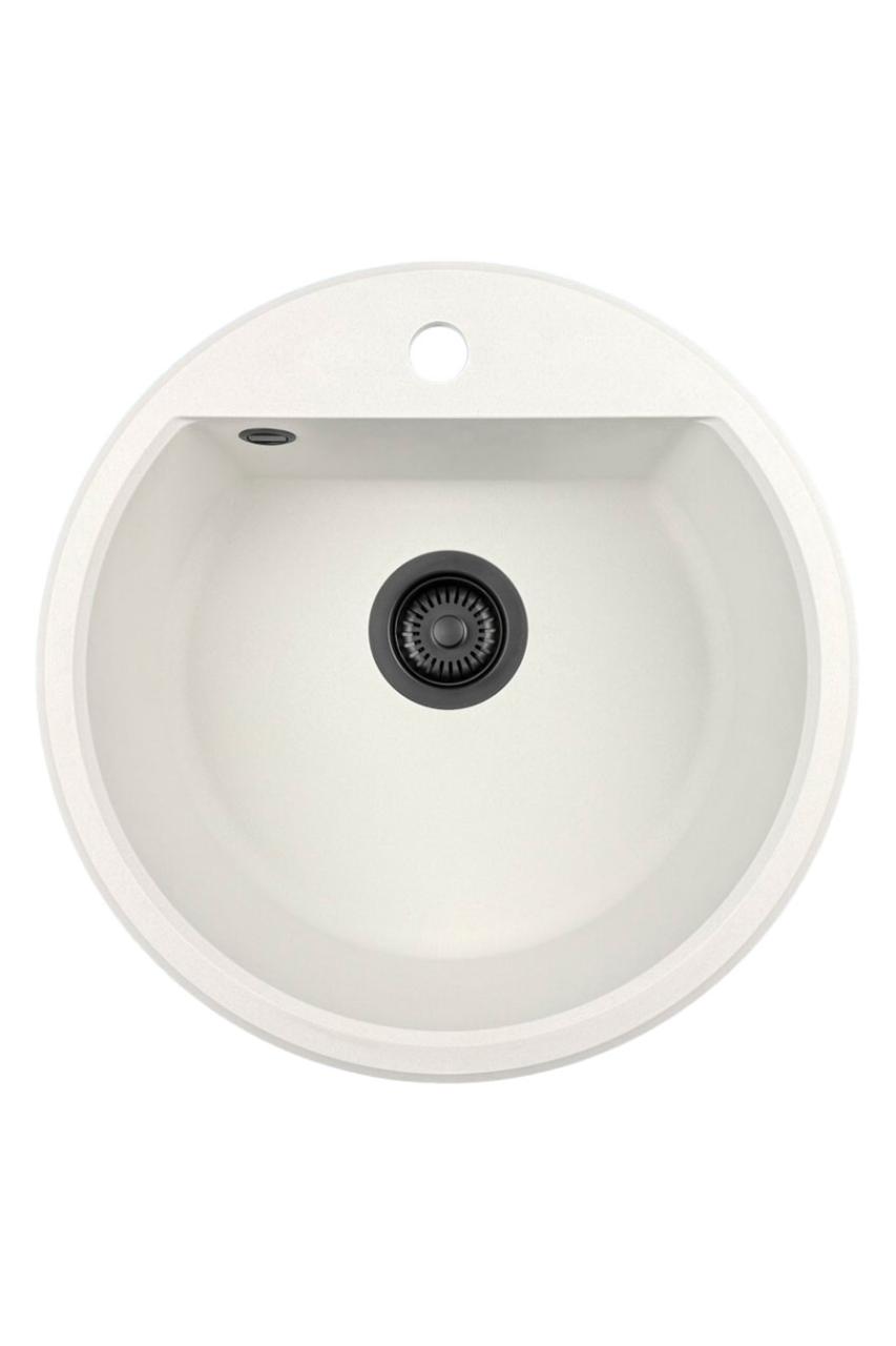 GraniteMy Bremen lavabo redondo de granito de 43 cm blanco, para montaje superior e inferior, con banco de orificio para grifo y tapón automático negro 1208971846