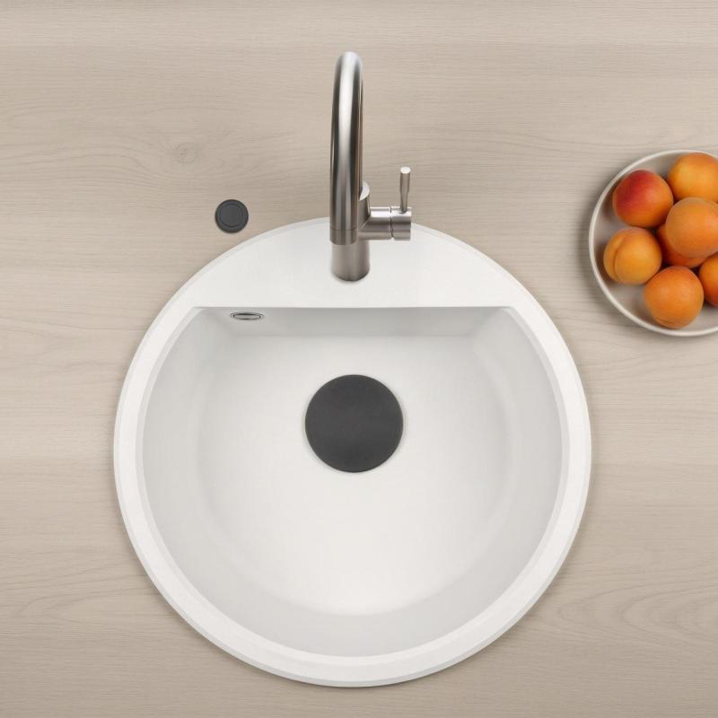 GraniteMy Bremen lavabo redondo de granito de 43 cm blanco, para montaje superior e inferior, con banco de orificio para grifo y tapón automático negro 1208971846