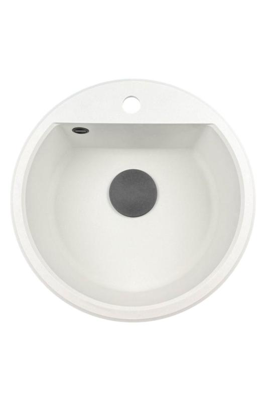 GraniteMy Bremen lavabo redondo de granito de 43 cm blanco, para montaje superior e inferior, con banco de orificio para grifo y tapón automático negro 1208971846