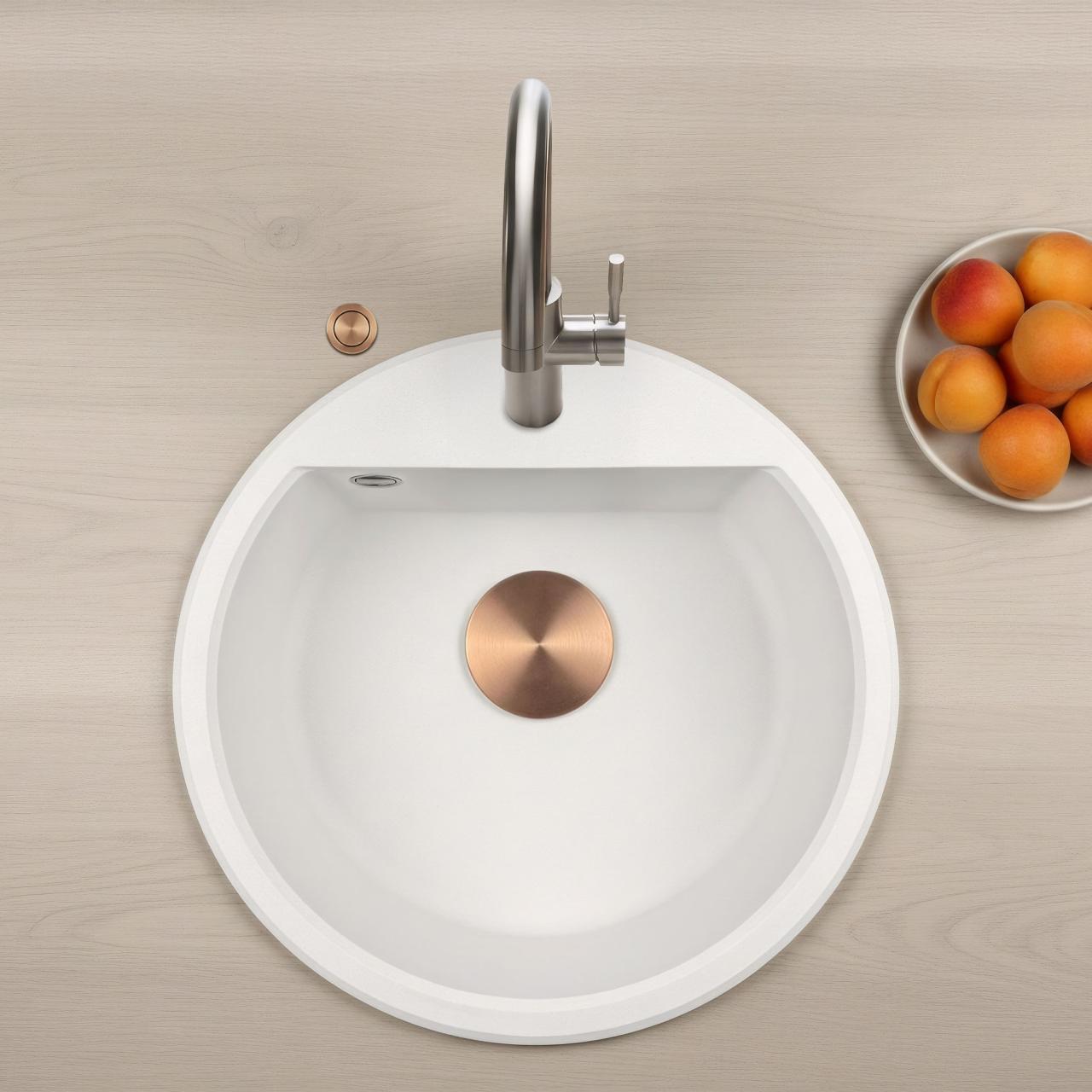 GraniteMy Bremen lavabo redondo de granito de 43 cm blanco, de montaje superior e inferior, con orificio para grifo y tapón de cobre automático 1208971847
