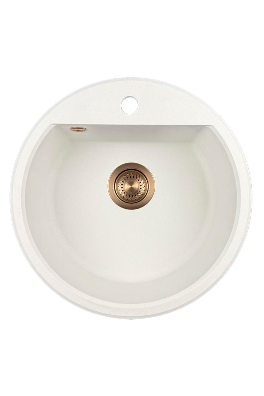 GraniteMy Bremen lavabo redondo de granito de 43 cm blanco, de montaje superior e inferior, con orificio para grifo y tapón de cobre automático 1208971847
