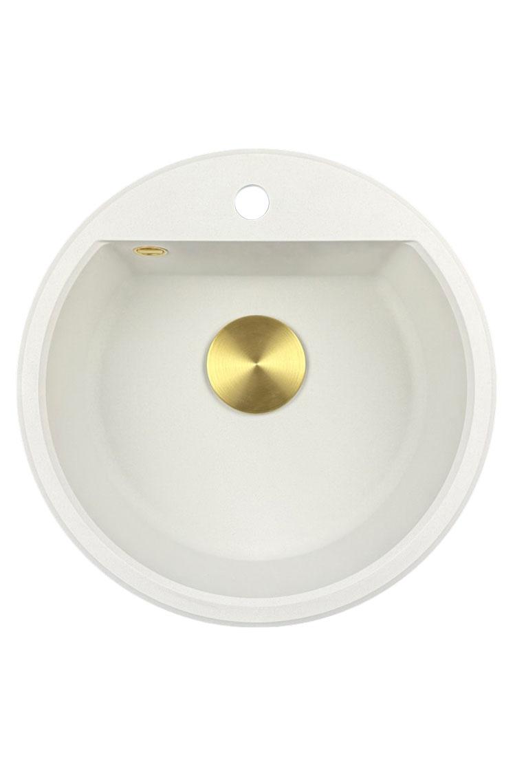 GraniteMy Bremen lavabo redondo de granito de 43 cm blanco, de superficie y empotrado, con banco de agujeros para grifo y tapón dorado automático 1208971848
