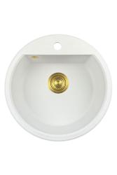 GraniteMy Bremen lavabo redondo de granito de 43 cm blanco, de superficie y empotrado, con banco de agujeros para grifo y tapón dorado automático 1208971848