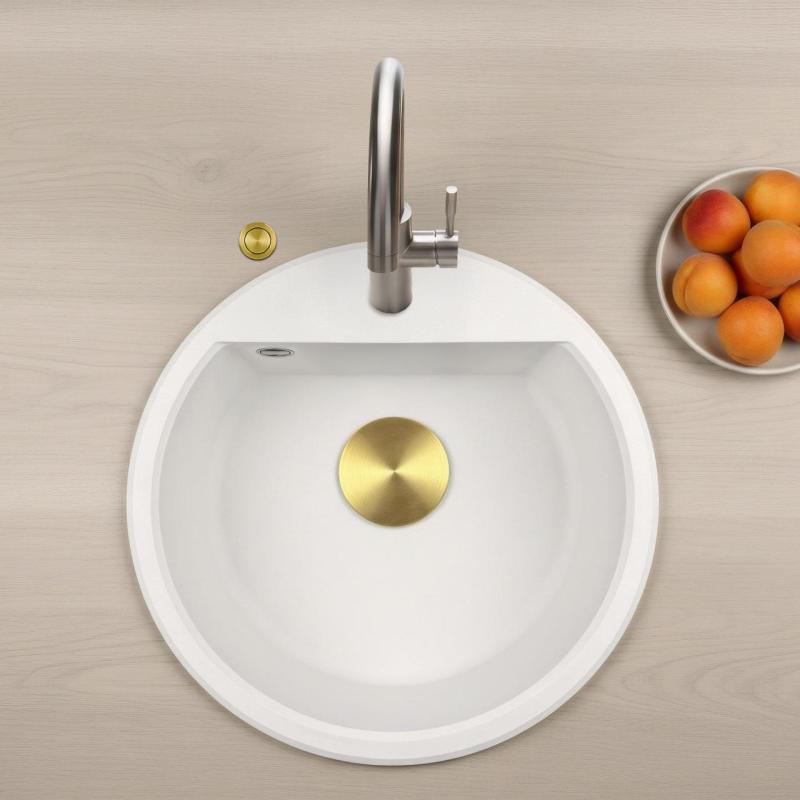 GraniteMy Bremen lavabo redondo de granito de 43 cm blanco, de superficie y empotrado, con banco de agujeros para grifo y tapón dorado automático 1208971848