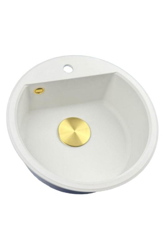 GraniteMy Bremen lavabo redondo de granito de 43 cm blanco, de superficie y empotrado, con banco de agujeros para grifo y tapón dorado automático 1208971848