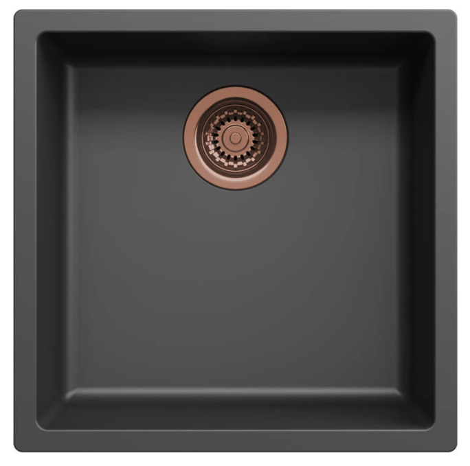 Fregadero negro Ausmann Fibre 40x40cm para bajo encimera, sobre encimera e integrado con tapón automático de cobre 1208971852