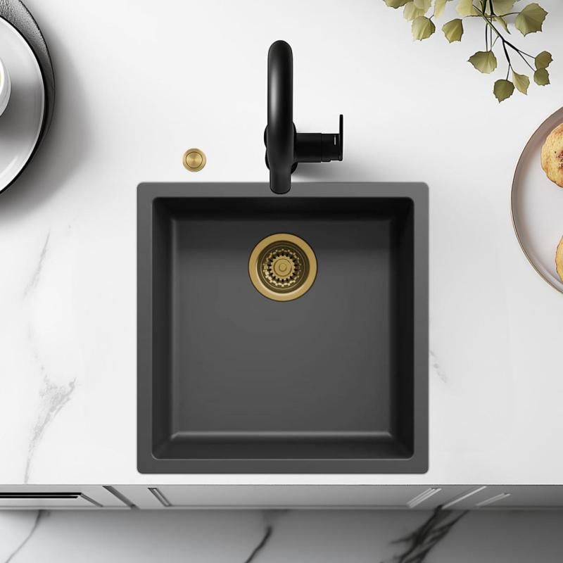 Fregadero negro Ausmann Fibre de 40x40cm para montaje inferior, superior y a ras con tapón automático dorado 1208971853