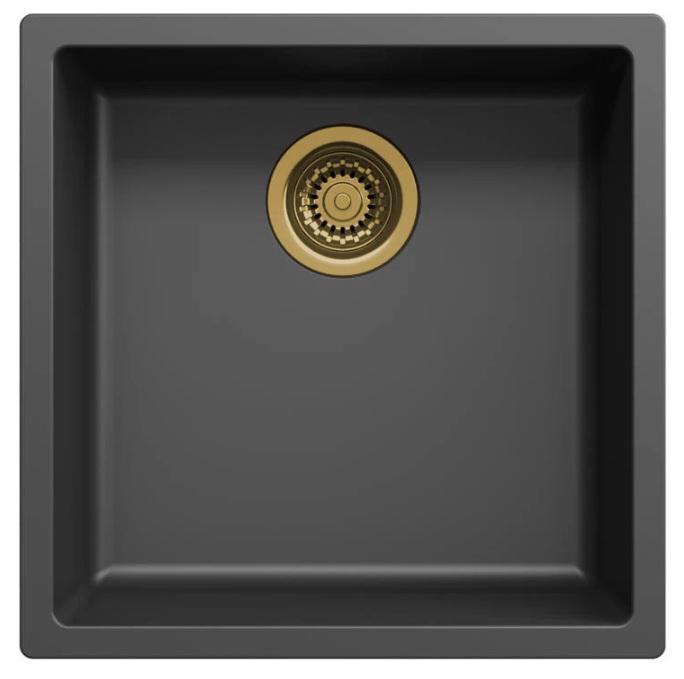 Fregadero negro Ausmann Fibre de 40x40cm para montaje inferior, superior y a ras con tapón automático dorado 1208971853