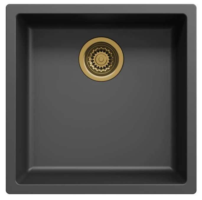 Fregadero negro Ausmann Fibre de 40x40cm para montaje inferior, superior y a ras con tapón automático dorado 1208971853