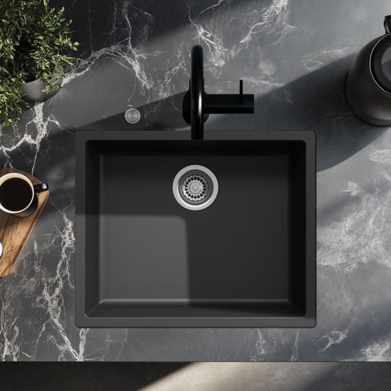 Fregadero negro Ausmann Fibre de 50x40cm para montaje inferior, superior y a ras con tapón automático de acero inoxidable 1208971855