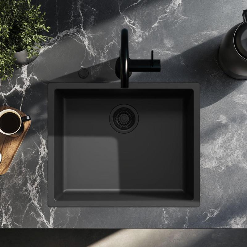 Fregadero Ausmann Fibre negro 50x40cm para montaje inferior, superior y a ras con tapón automático negro 1208971856