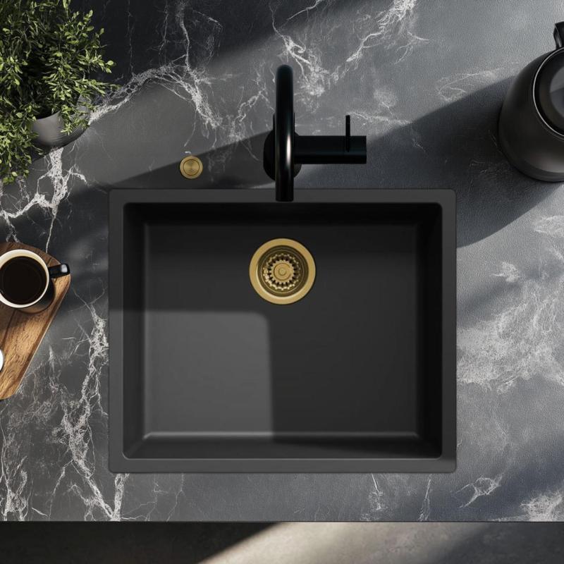 Fregadero negro Ausmann Fibre de 50x40cm para empotrar, sobreponer y montaje al ras con tapón automático dorado 1208971859