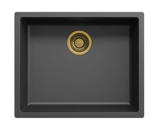 Fregadero negro Ausmann Fibre de 50x40cm para empotrar, sobreponer y montaje al ras con tapón automático dorado 1208971859