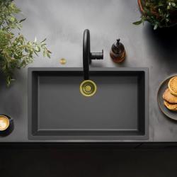 Ausmann Fibre negro gran fregadero 70x40cm empotrado, montaje superior y montaje al ras con tapón dorado automático 1208971864