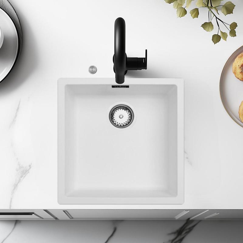 Ausmann Fibre fregadero blanco 40x40cm de bajo encimera, sobre encimera y enrasado con tapón automático de acero inoxidable 1208971891