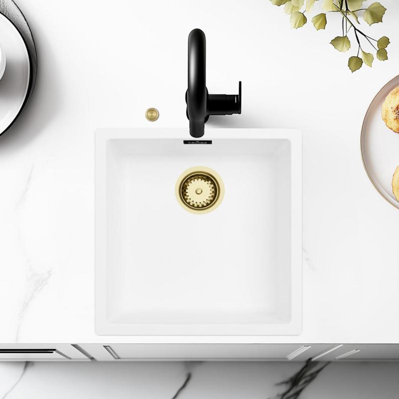 Ausmann Fibre lavabo blanco 40x40cm de bajo encastre, sobre encastre y encastre plano con tapón dorado automático 1208971894