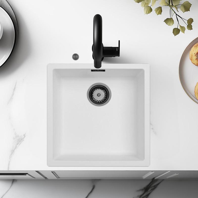 Fregadero blanco Ausmann Fibre de 40x40cm para empotrar, sobrepuesto y de montaje al ras con tapón automático de metal color cañón de pistola 1208971895.