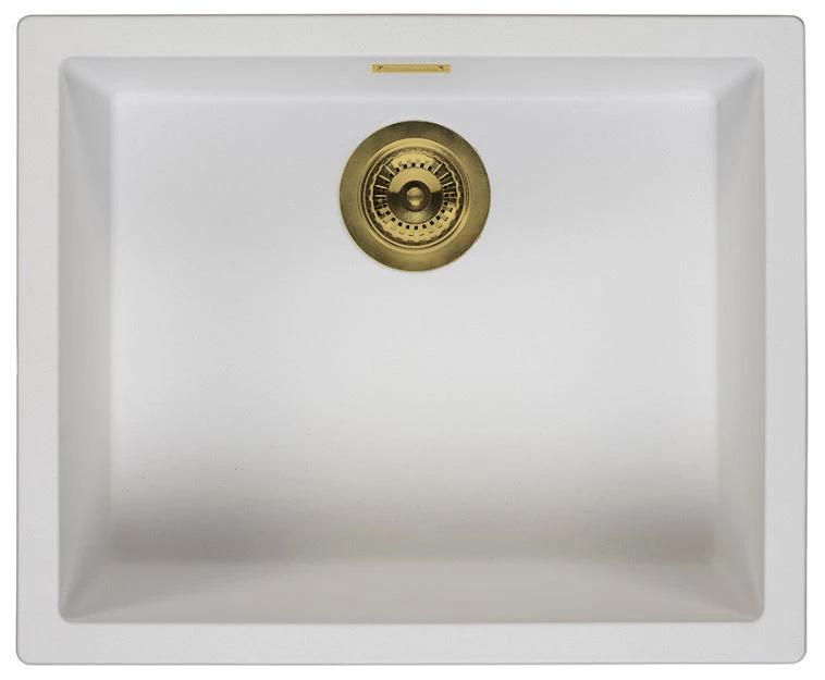Fregadero blanco Ausmann Fibre de 50x40cm para bajo encimera, sobre encimera y montaje al ras con tapón automático dorado 1208971901