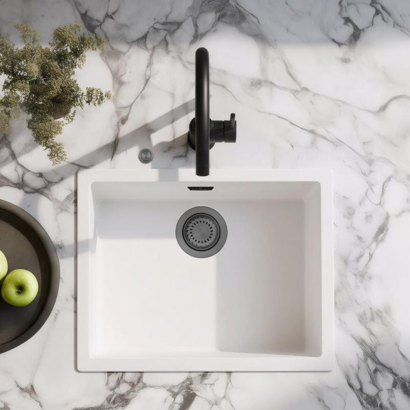 Ausmann Fibre lavabo blanco de 50x40cm de bajo encimera, sobre encimera e instalación al ras con tapón automático de metal de pistola 1208971902