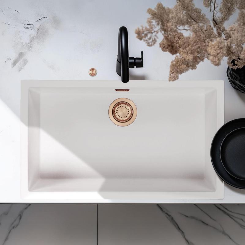 Ausmann Fibre blanco gran fregadero de 70x40cm para montaje inferior, superior y a ras con tapón automático de cobre 1208971906