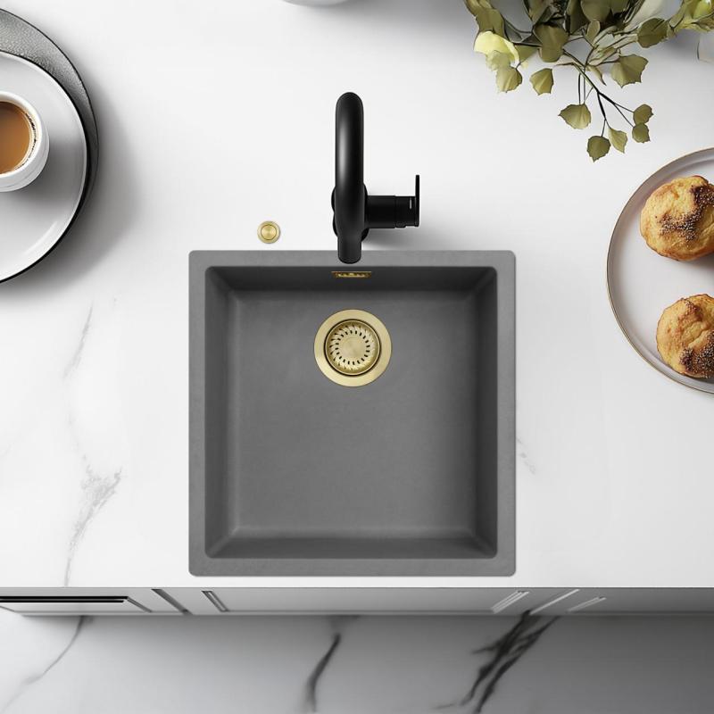 Ausmann Fibre hormigón gris fregadero 40x40cm de montaje inferior, superior y empotrado con tapón dorado automático 1208971913