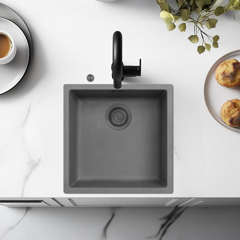 Ausmann Fibre hormigón gris fregadero 40x40cm empotrado, sobrepuesto y de encastre con tapón automático de metal color cañón 1208971914