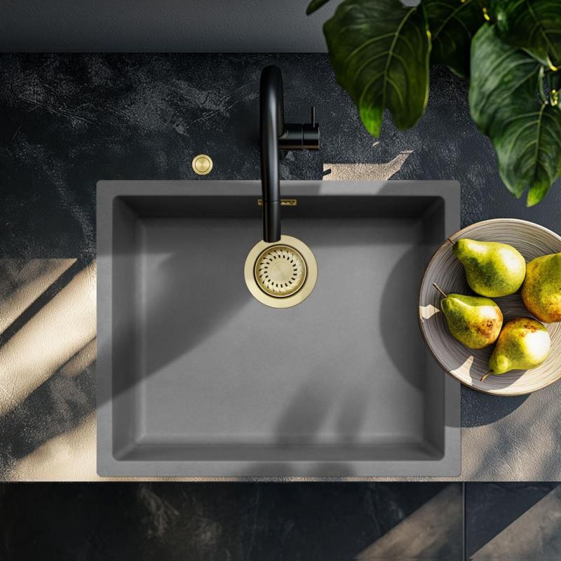 Ausmann Fibre hormigón gris fregadero 50x40cm submontaje, montaje superior y montaje al ras con tapón automático dorado 1208971918