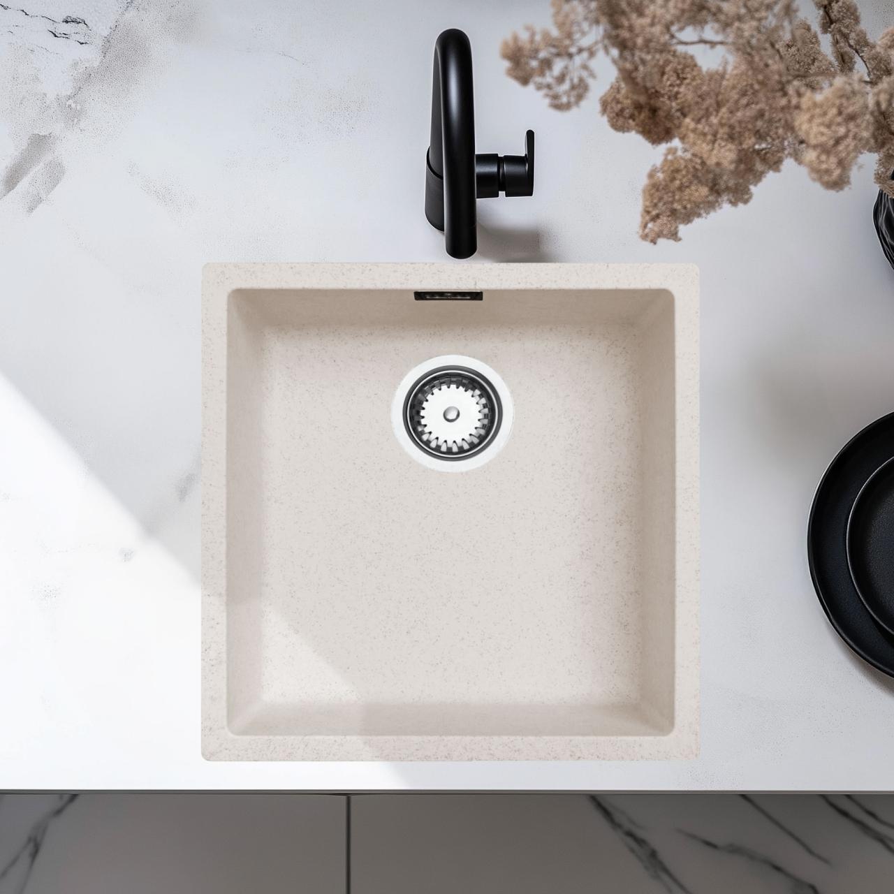 Ausmann Fibre lavabo de arena blanca 40x40cm de bajo encimera, sobre encimera e integrado con tapón automático de acero inoxidable 1208971925