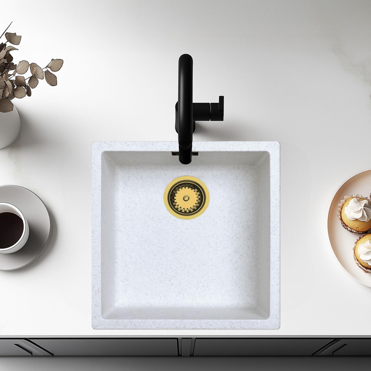Ausmann Fibre lavabo de arena blanca 40x40cm de montaje inferior, superior y empotrado con tapón automático dorado 1208971928