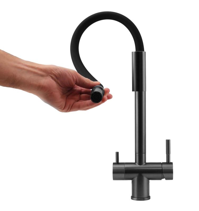 Pure.Sink Elite Acero Flex 3-vías PVD gun metal grifo de cocina con salida flexible y Agua Filtrada PS8110-61