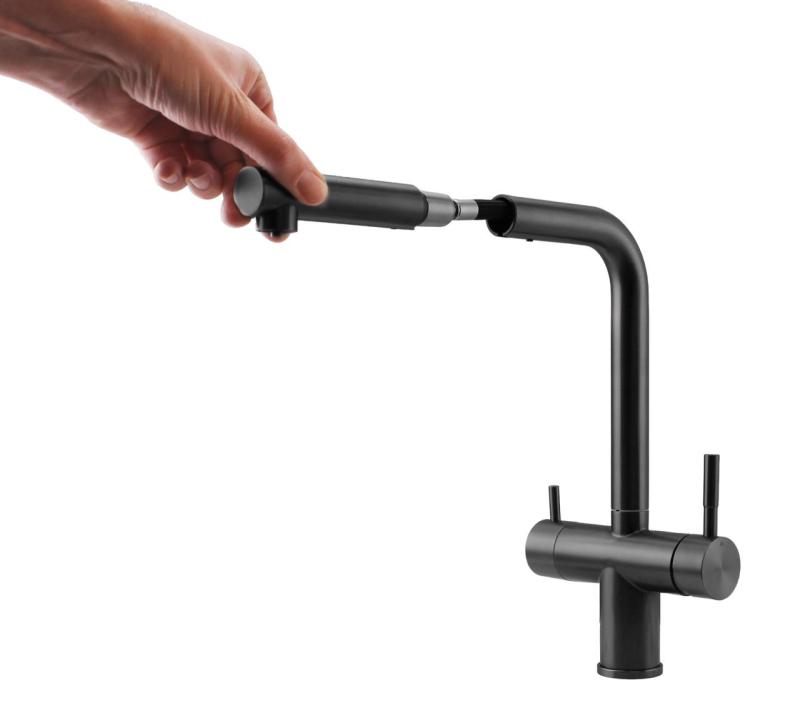 Pure.Sink Elite Steel Clear-S PVD de metal de pistola 3-vías Grifo de cocina con salida retráctil y agua filtrada PS8120-61